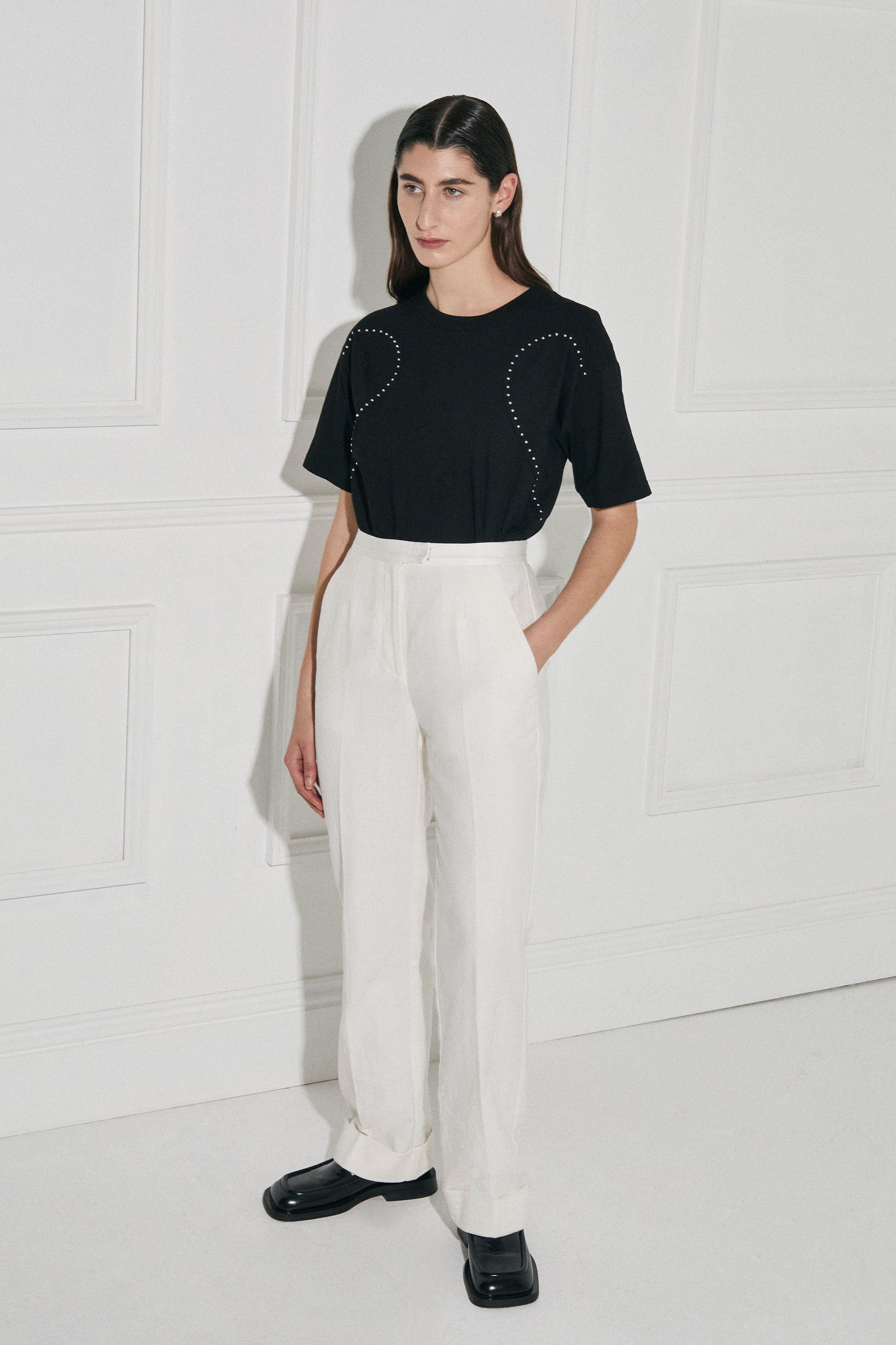 Broken Heart Tee in Cotton, from Australian designer PALMA MARTÎN. Featuring unique front panelling detail adorned with individually placed studs.