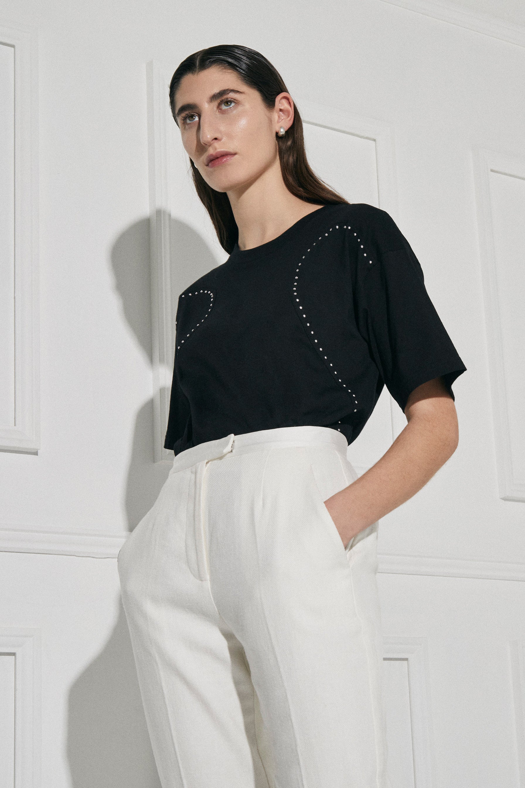 Broken Heart Tee in Cotton, from Australian designer PALMA MARTÎN. Featuring unique front panelling detail adorned with individually placed studs.
